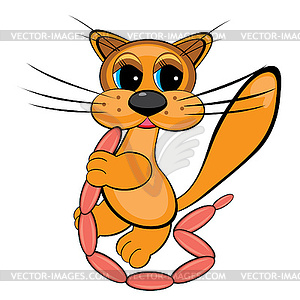 Cartoon happy cat with sausages - royalty-free vector image
