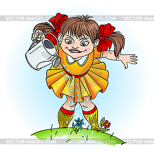 Little girl with watering can - vector clip art