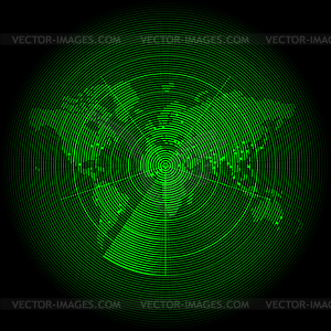 Green world map with radar screen - vector clipart