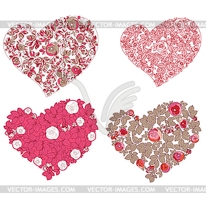 Set of valentine hearts in floral style - vector clip art