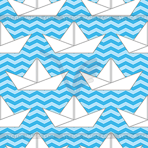 Seamless background with paper boats on the waves - vector clipart