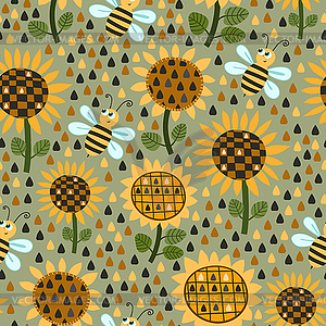 Seamless pattern with sunflowers and bees - vector clip art