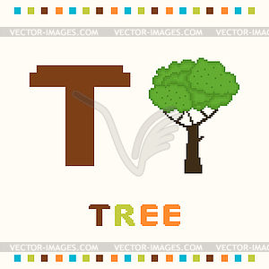 Азбука для детей, буква T и деревом, изолированными - векторизованное изображение