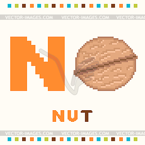 Alphabet for children, letter n and a nut isolated - vector clipart