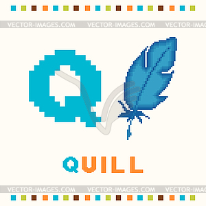 Alphabet for children, letter q and a quill isolated - vector clipart