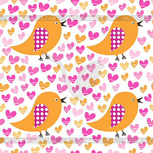 Seamless pattern with birds and hearts - color vector clipart