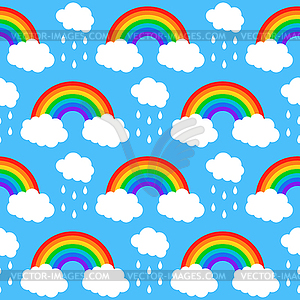 Seamless pattern with rainbows and clouds on a blue bac - vector image