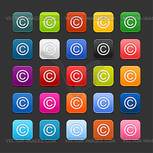 25 color square matted web buttons with copyright sign - vector image