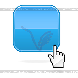 Blue blank square glossy web button with cursor hand - vector clip art