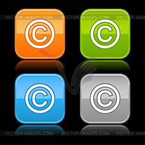 Glossy colored square buttons with copyright sign - vector clip art