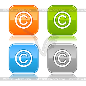 Glossy colored square buttons with copyright sign - vector clip art