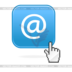 Blue glossy web button with e-mail sign and cursor hand - vector clipart