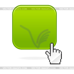 Green simple square glossy web button with hand cursor - vector clipart