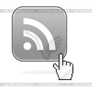 Gray glossy web button with rss symbol and hand cursor - vector clipart