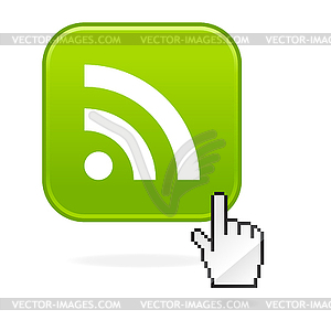 Green glossy web button with rss symbol and hand cursor - vector clip art