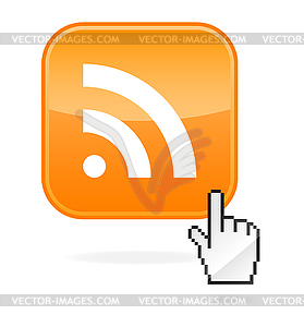 Orange web button with rss symbol and hand cursor - vector clipart