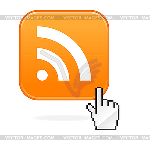 Orange web button with rss symbol and hand cursor - vector image