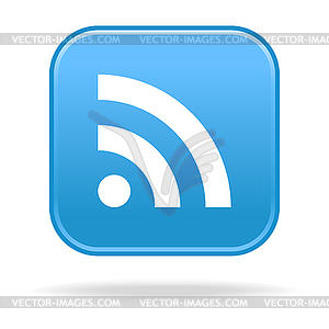 Blue glossy square web button with rss symbol - vector clipart