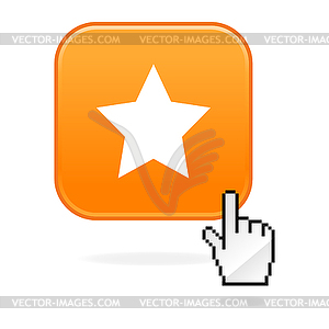 Orange glossy button with star symbol and hand cursor - vector image