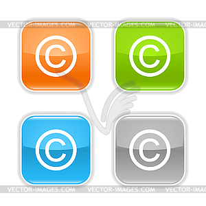 Colored square web buttons with copyright sign - vector image