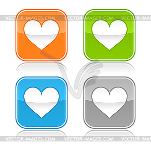 Colored glossy square web buttons with heart sign - vector image