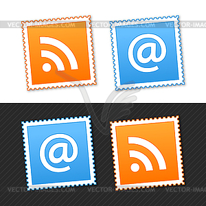 Postage stamps with e-mail and RSS symbols - vector clipart