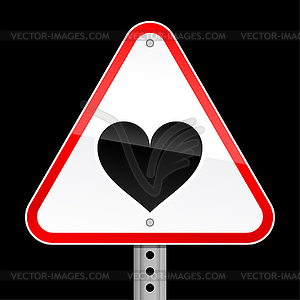 Triangular red road warning sign with heart - color vector clipart