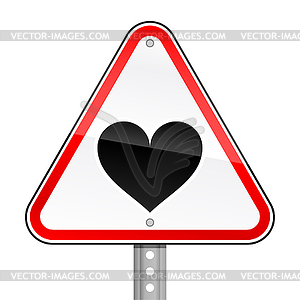 Triangular red road warning sign with heart - vector image