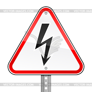 Red road warning sign with high voltage symbol - vector clipart