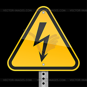 Yellow road warning sign with high voltage symbol - vector clip art