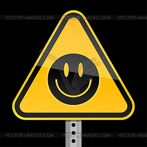 Yellow road warning sign with black smiley - vector image