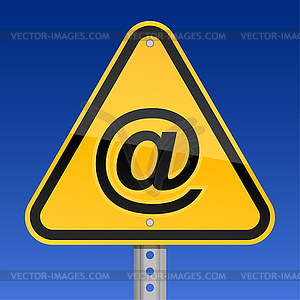 Желтая опасность на дороге предупреждающий знак с символом электронной почты - графика в векторном формате