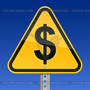 Yellow road warning sign with dollar symbol - vector clip art
