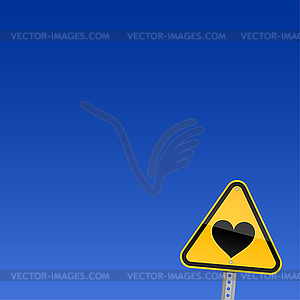 Yellow road warning sign with heart - vector clipart