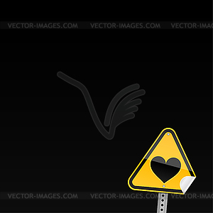 Yellow road warning sign with heart - vector clip art