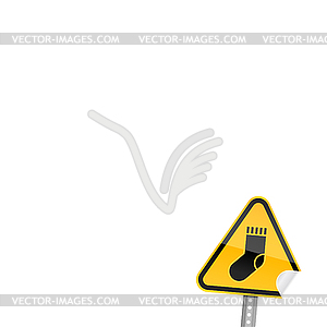 Yellow road warning sign with sock symbol - vector clipart