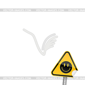 Желтый дорожный знак предупреждения с черными смайлик - рисунок в векторе