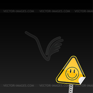 Yellow road warning sign with smiley face symbol - vector clipart