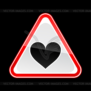 Triangular red road warning sign with heart symbol - vector image