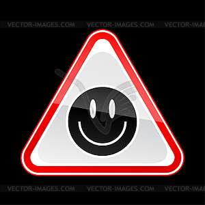 Red attention warning sign with black smiley face - vector clipart