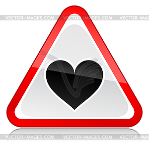 Triangular red road warning sign with heart symbol - vector image