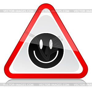 Red attention warning sign with black smiley face - vector image