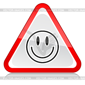 Red attention warning sign with smiley face symbol - vector clipart