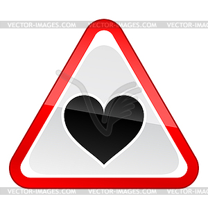 Triangular red road warning sign with heart symbol - vector image