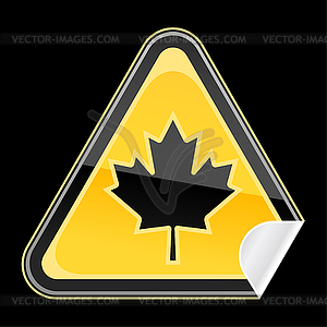 Стикер как желтый предупреждающий знак с канадский лист - векторный клипарт