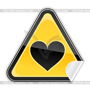 Sticker as yellow warning sign with heart symbol - vector clipart