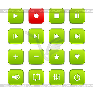 Green and red 16 media control web 2.0 buttons - vector clip art