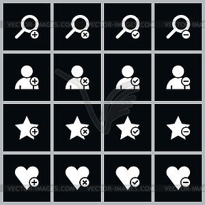 Простые черные квадратные иконки - пользователей, а также, лупы, сердце - черно-белый векторный клипарт