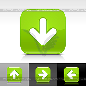 Зеленый глянцевый веб-кнопок с белой стрелкой знак загрузки - изображение векторного клипарта