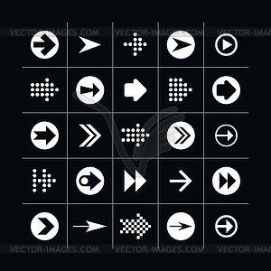 Set of 25 miscellaneous white arrows on black - vector image